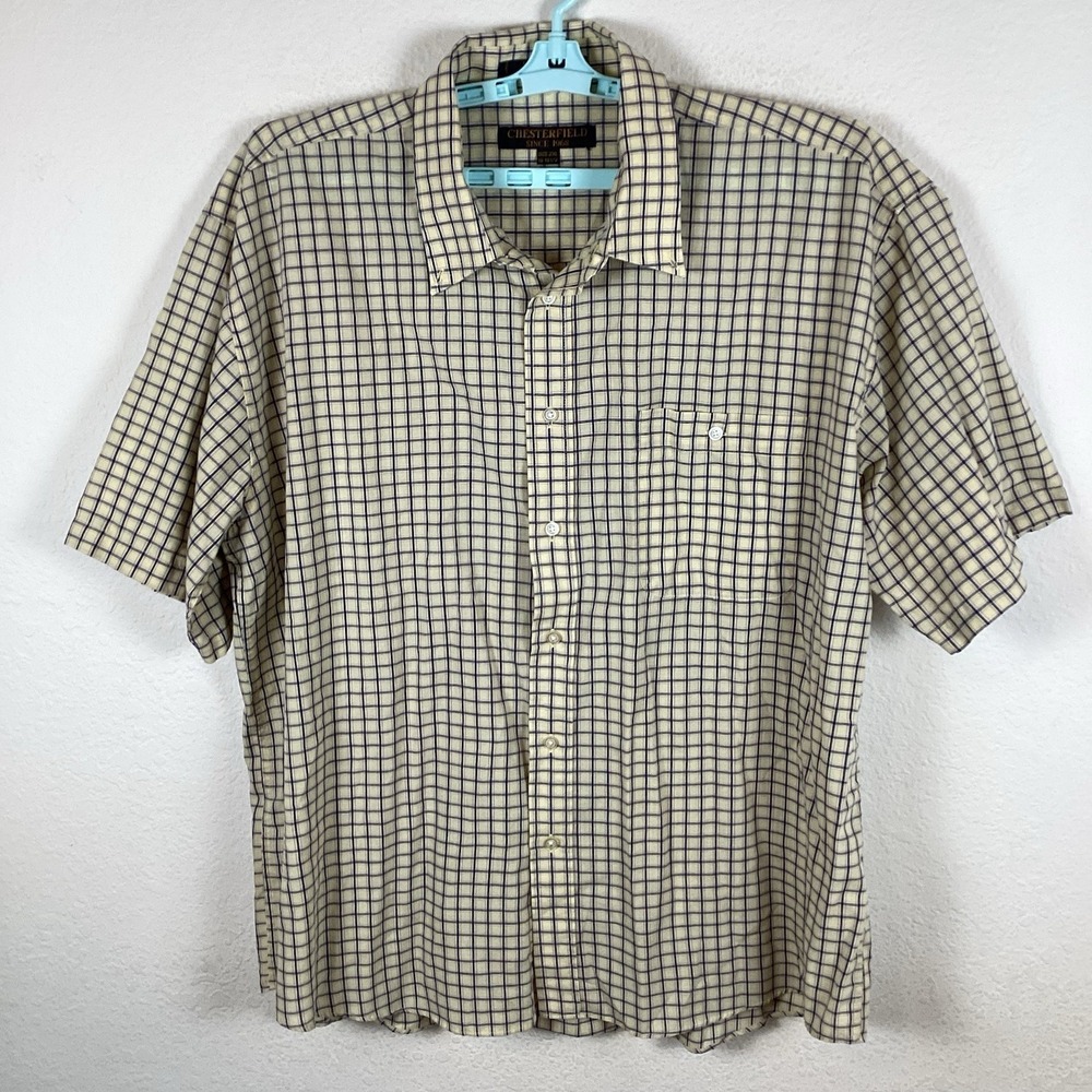 CHESTERFIELD Mens Button Up Shirt Sz 2XL 18-18.5 Short Sleeve Plaid Excellent